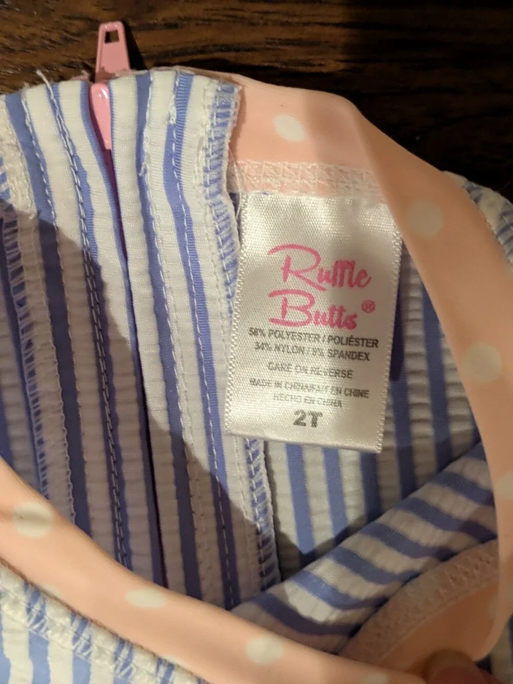 Ruffle Butts Blue and White Striped One-Piece with Pink Trim